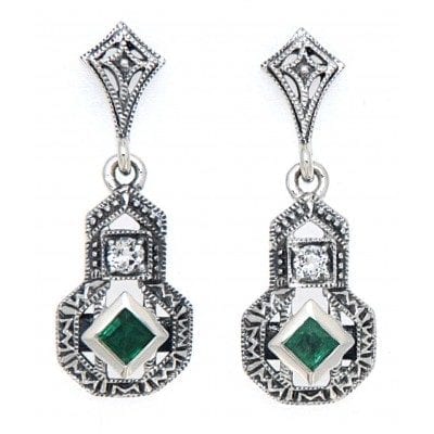 Emerald and White Topaz Filigree Earrings
