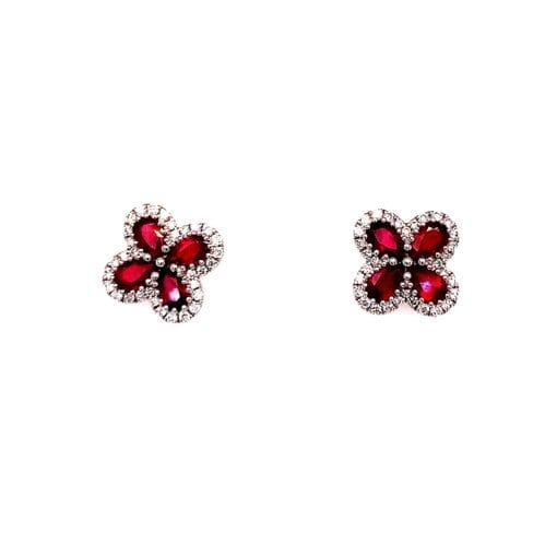 Pear Shape Ruby and Diamond Flower Stud Earrings