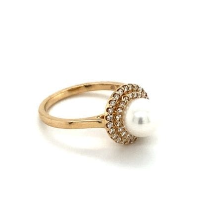 Pearl and Double Halo Diamond Ring