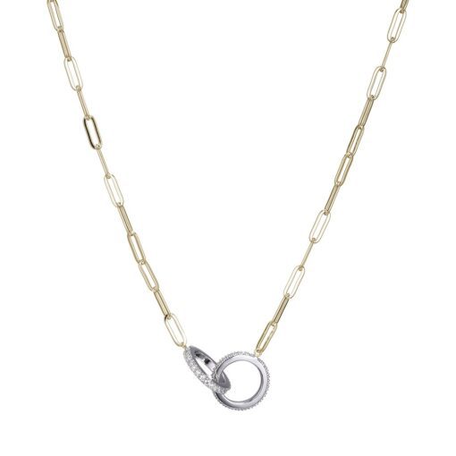 Sterling Silver 2 Circle CZ Paperclip Necklace